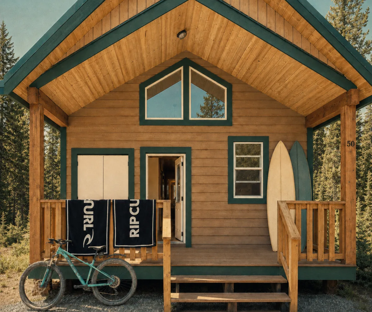 A surf cabin with boards and a mountain bike
